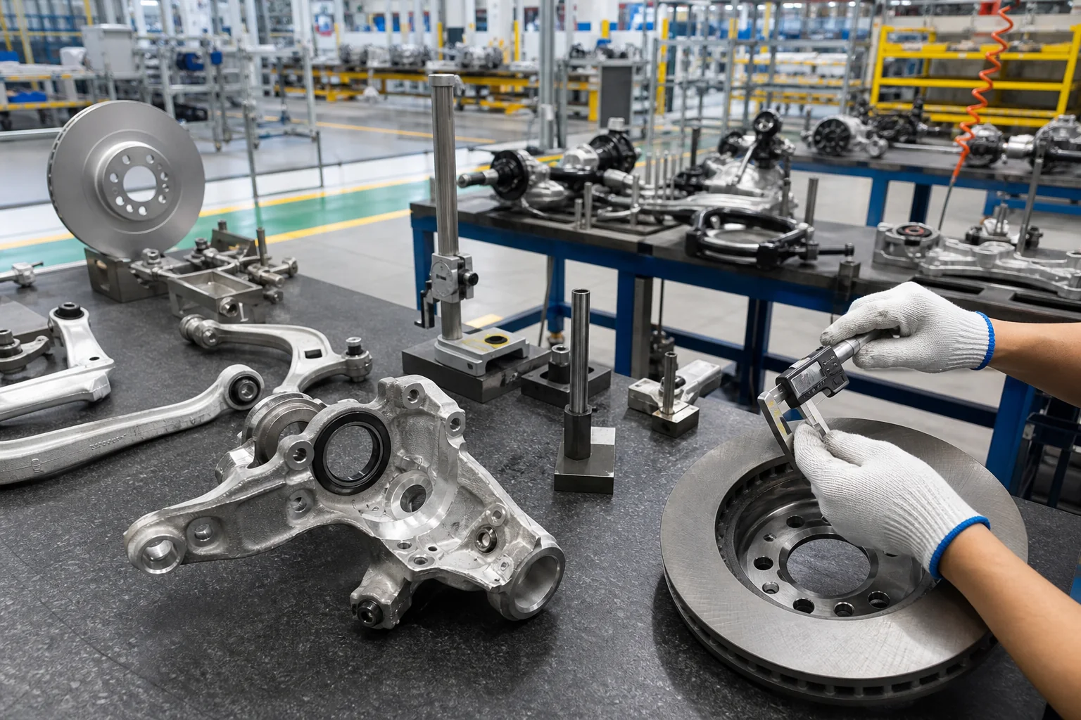 Automotive components undergoing dimensional quality inspection