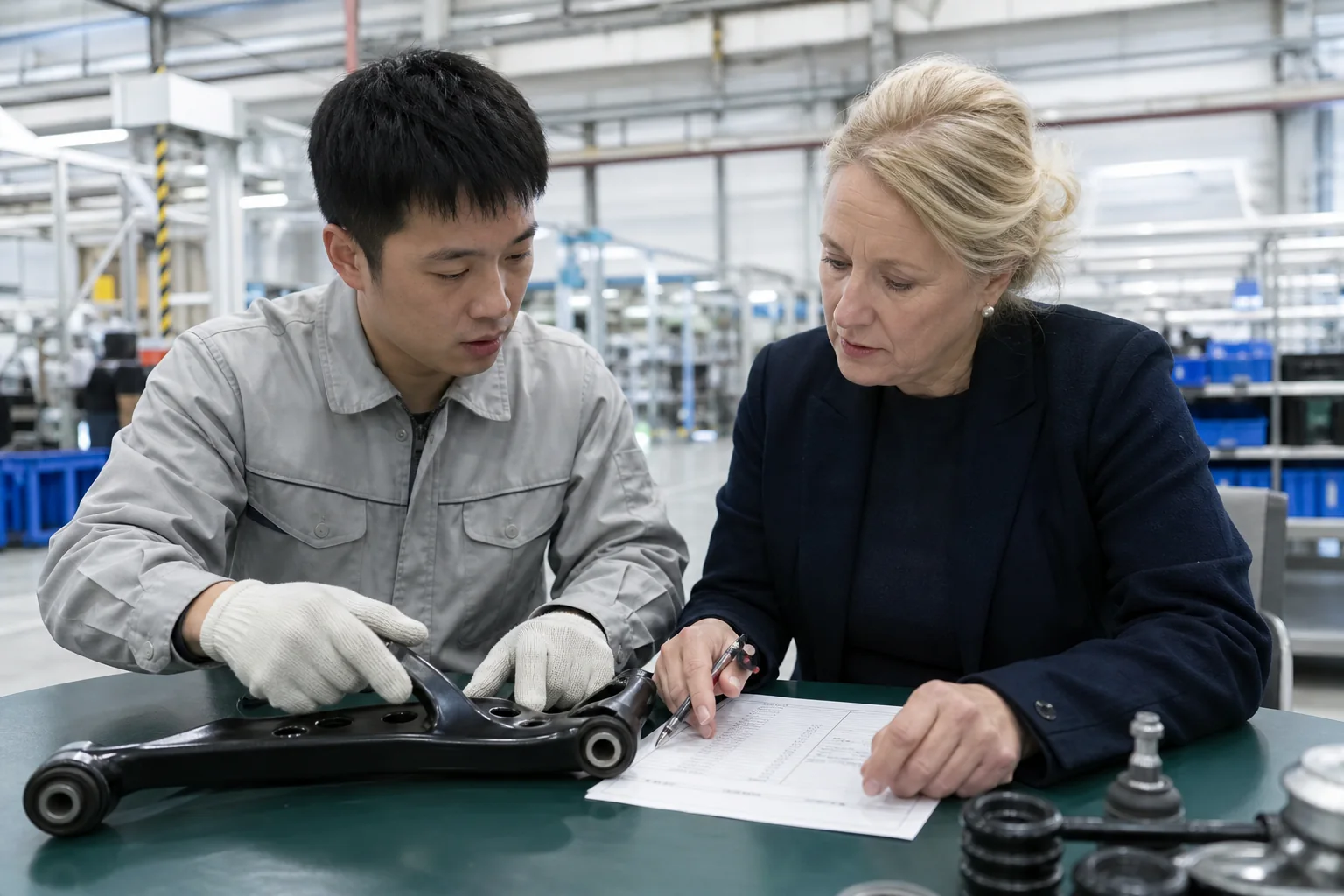 Buyer and technician reviewing approved automotive component samples