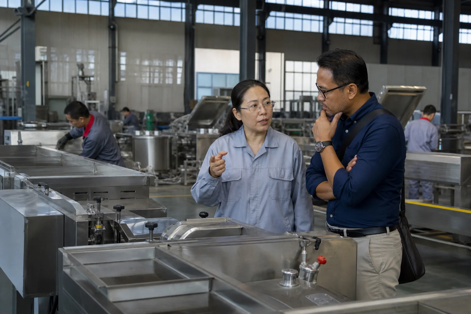 Commercial kitchen equipment factory supervisor and overseas procurement manager reviewing stainless steel production