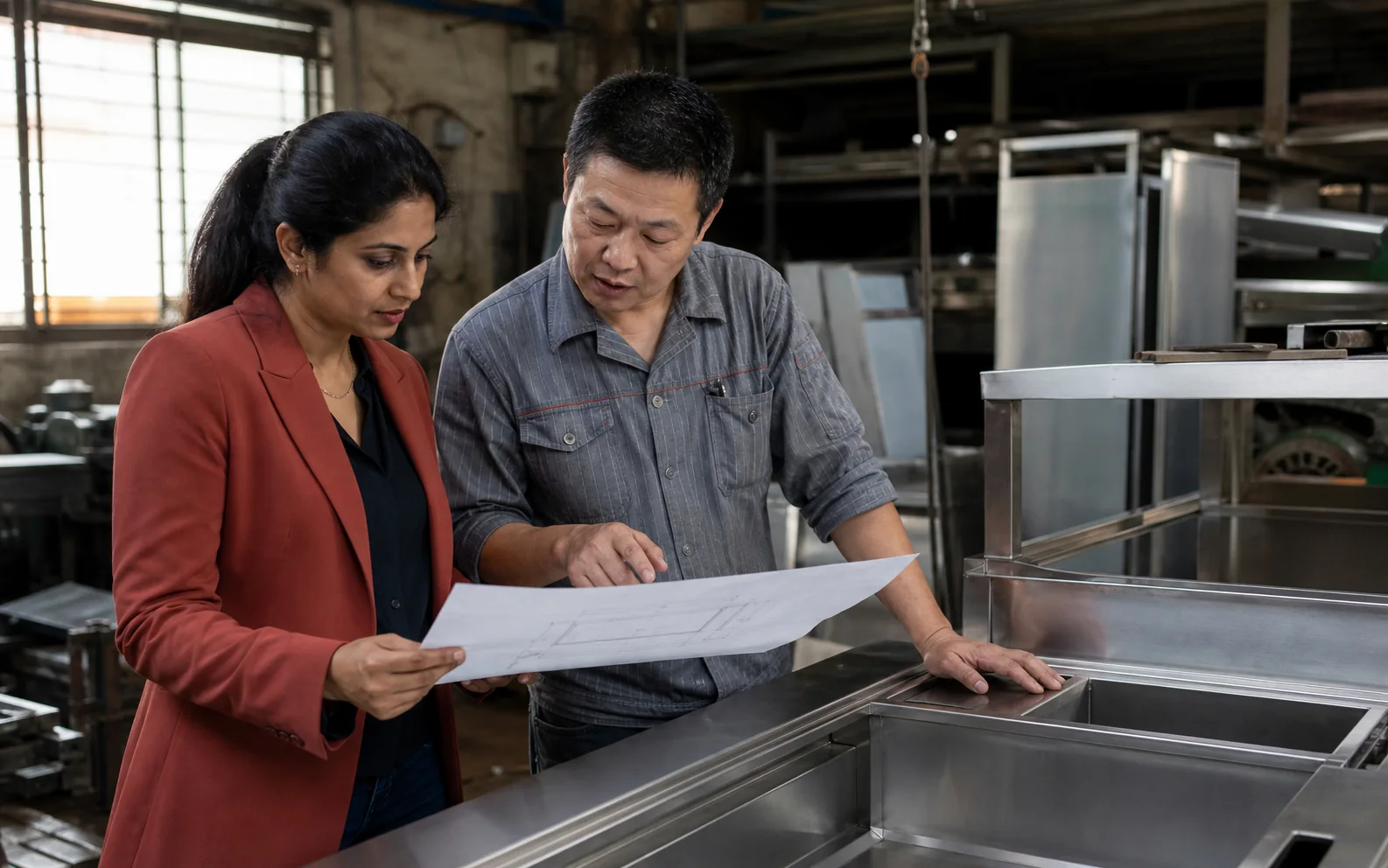 Commercial kitchen project manager reviewing custom equipment specifications