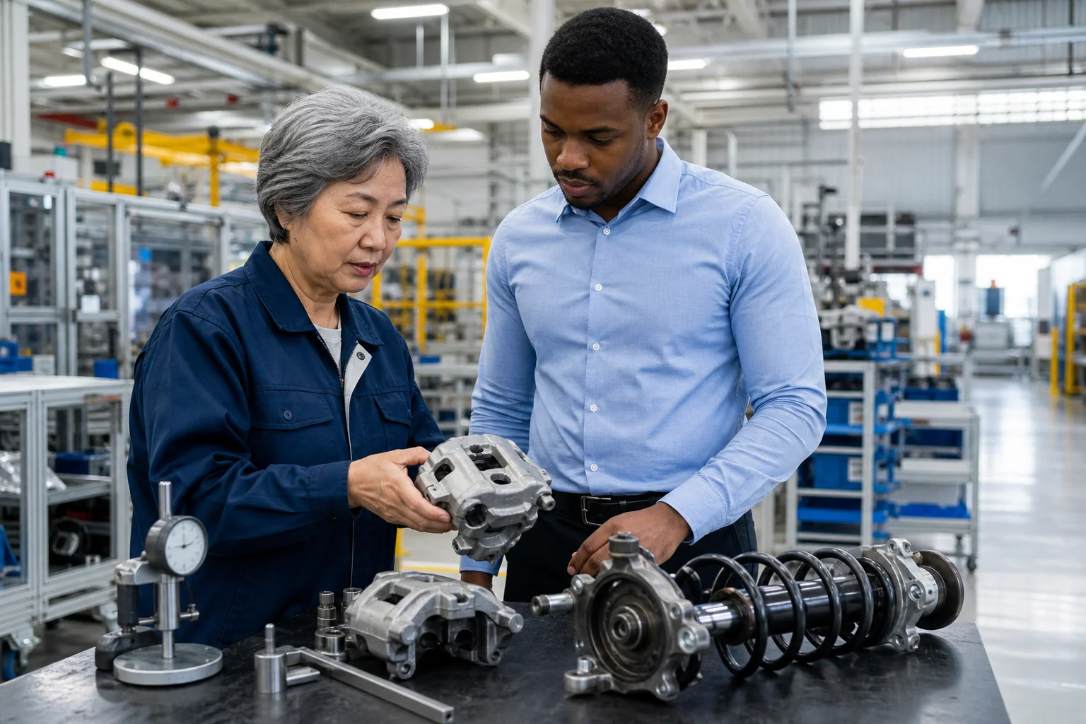 Automotive component quality engineer and overseas buyer reviewing components in China