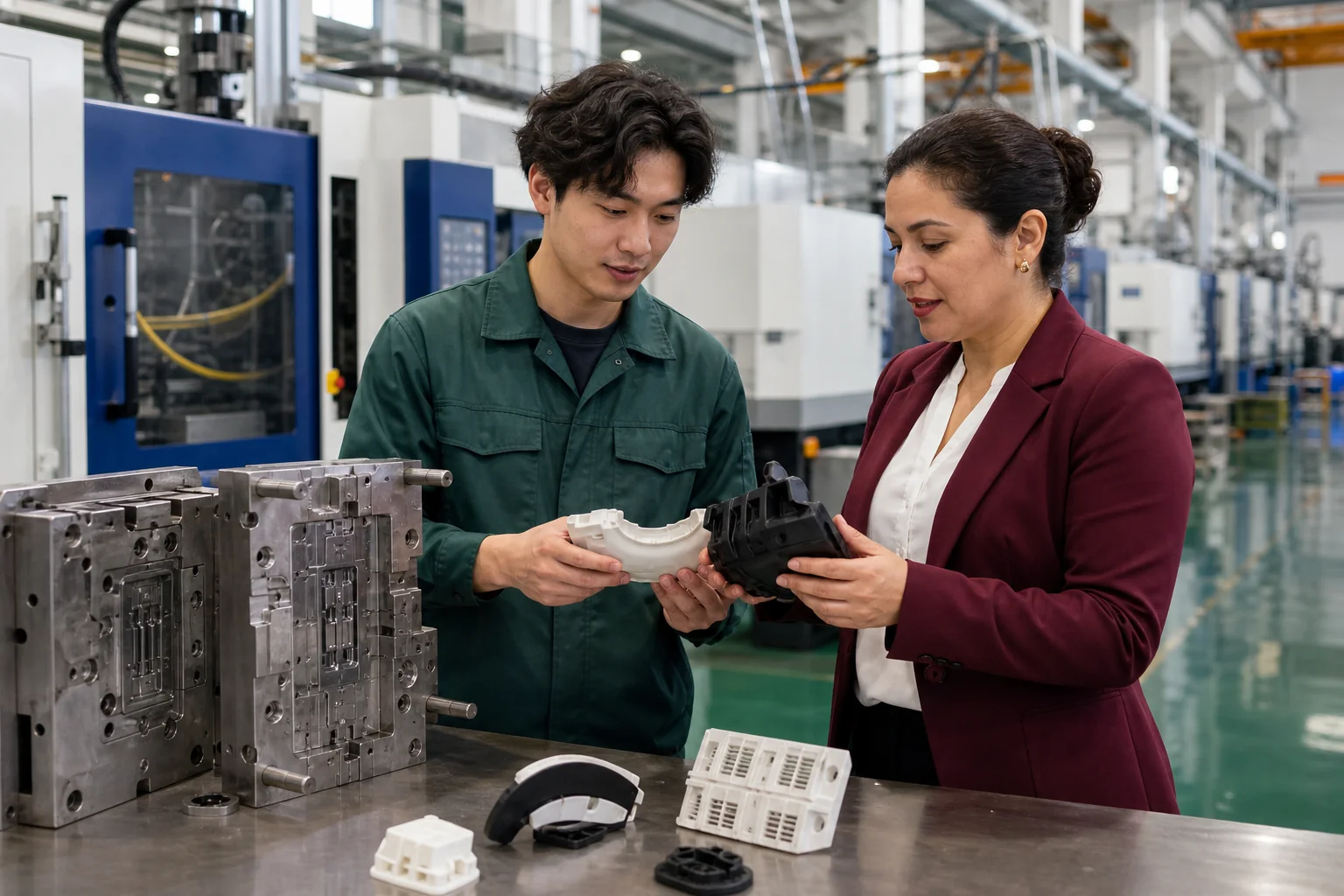Plastic injection molding technician and project manager reviewing molded samples in China