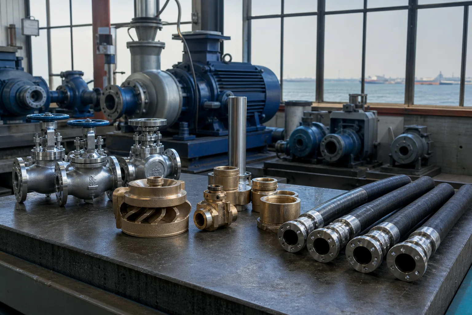 Marine pumps valves and fittings at an inspection bench