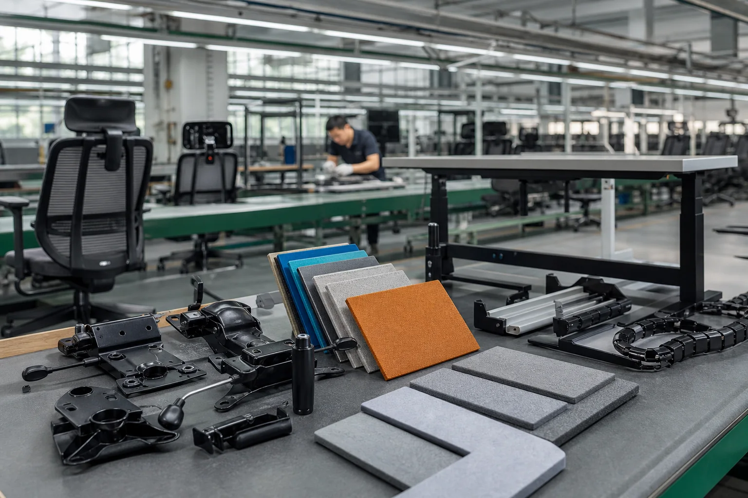 Office workstation chair and acoustic panel components in production