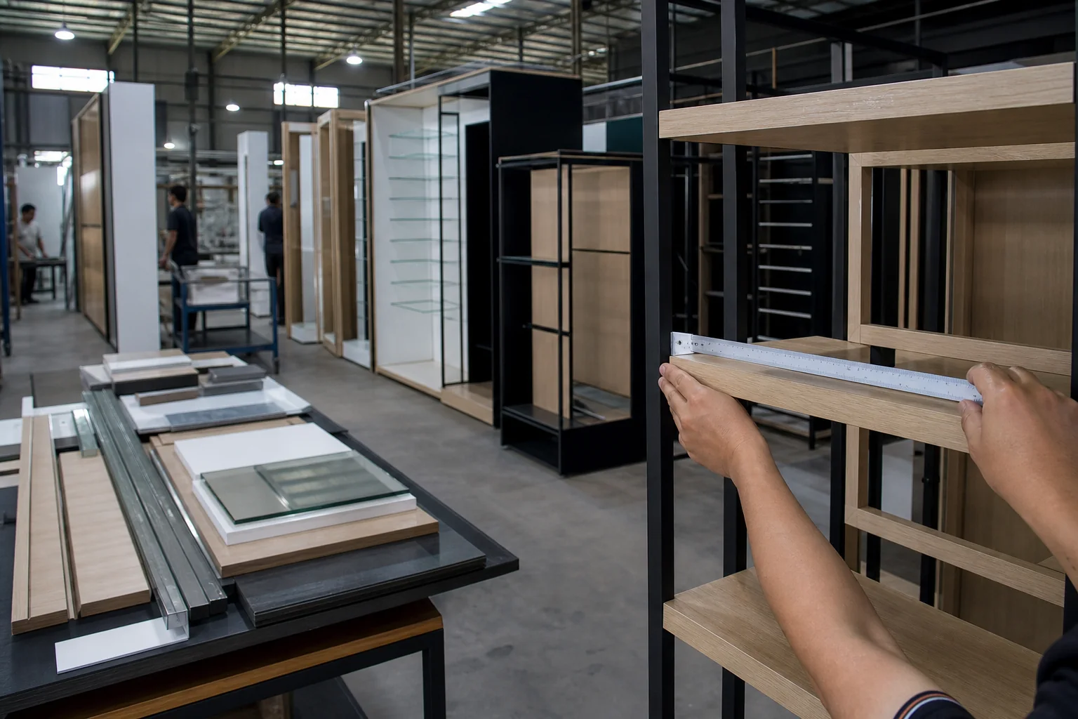 Modular retail display systems and material samples in production