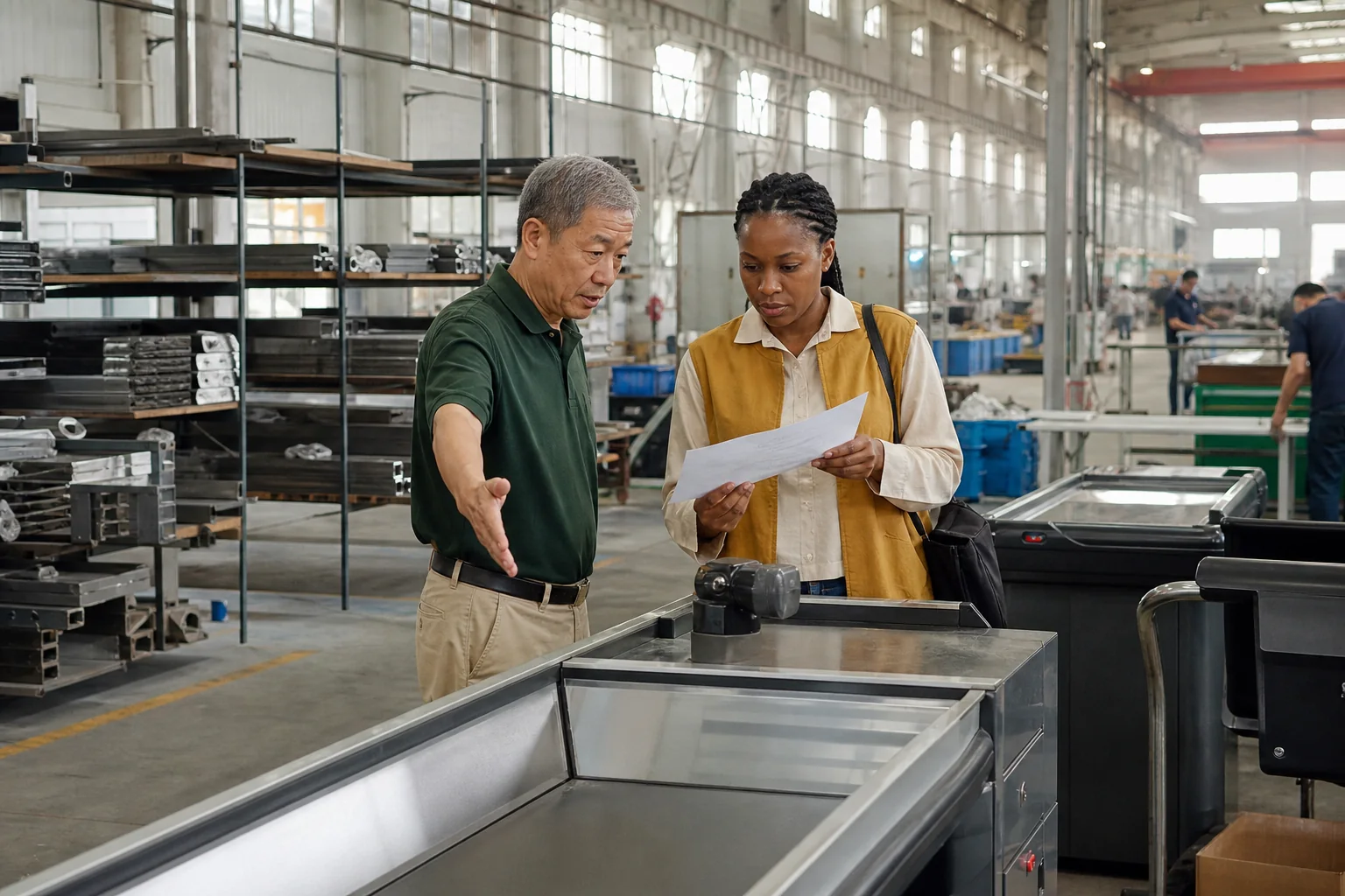 Supermarket equipment factory manager and overseas buyer reviewing checkout counter production