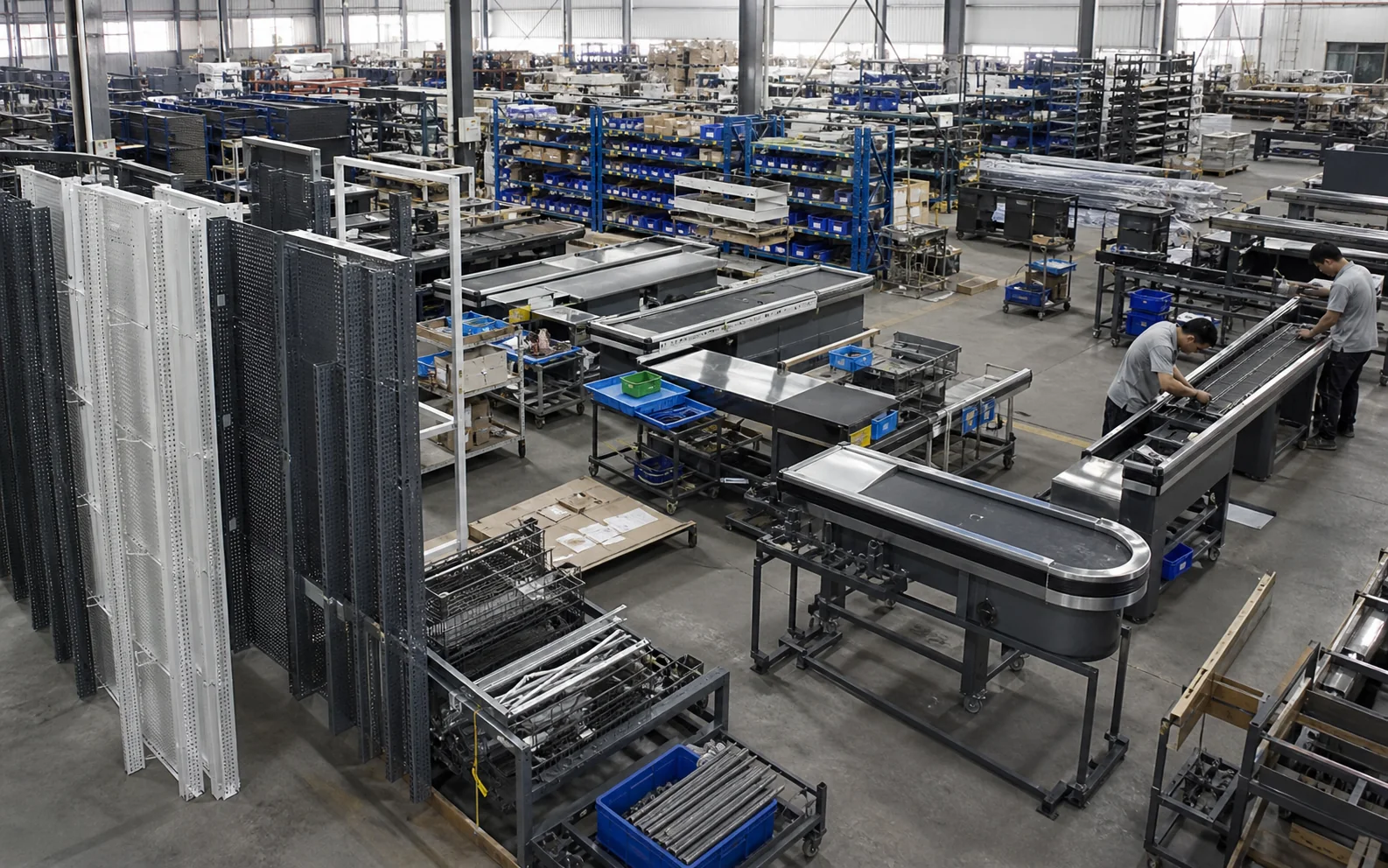 Supermarket checkout counter and shelving production line