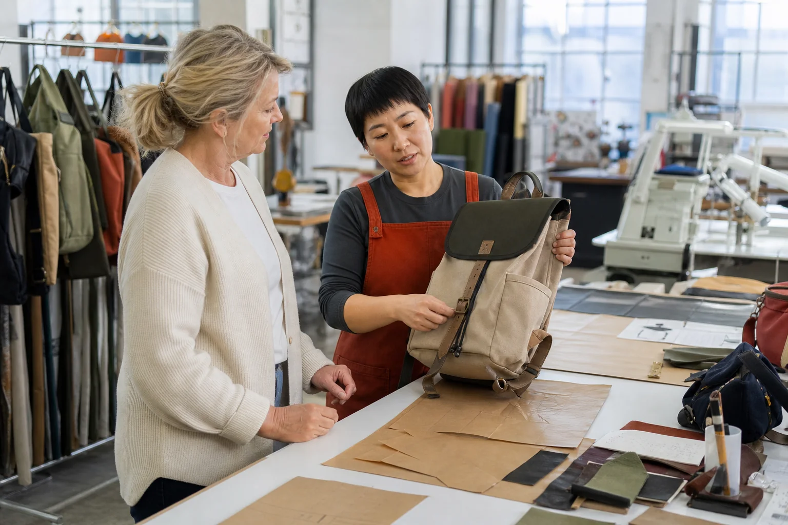 Bag pattern maker and overseas buyer reviewing a backpack prototype in a sample workshop