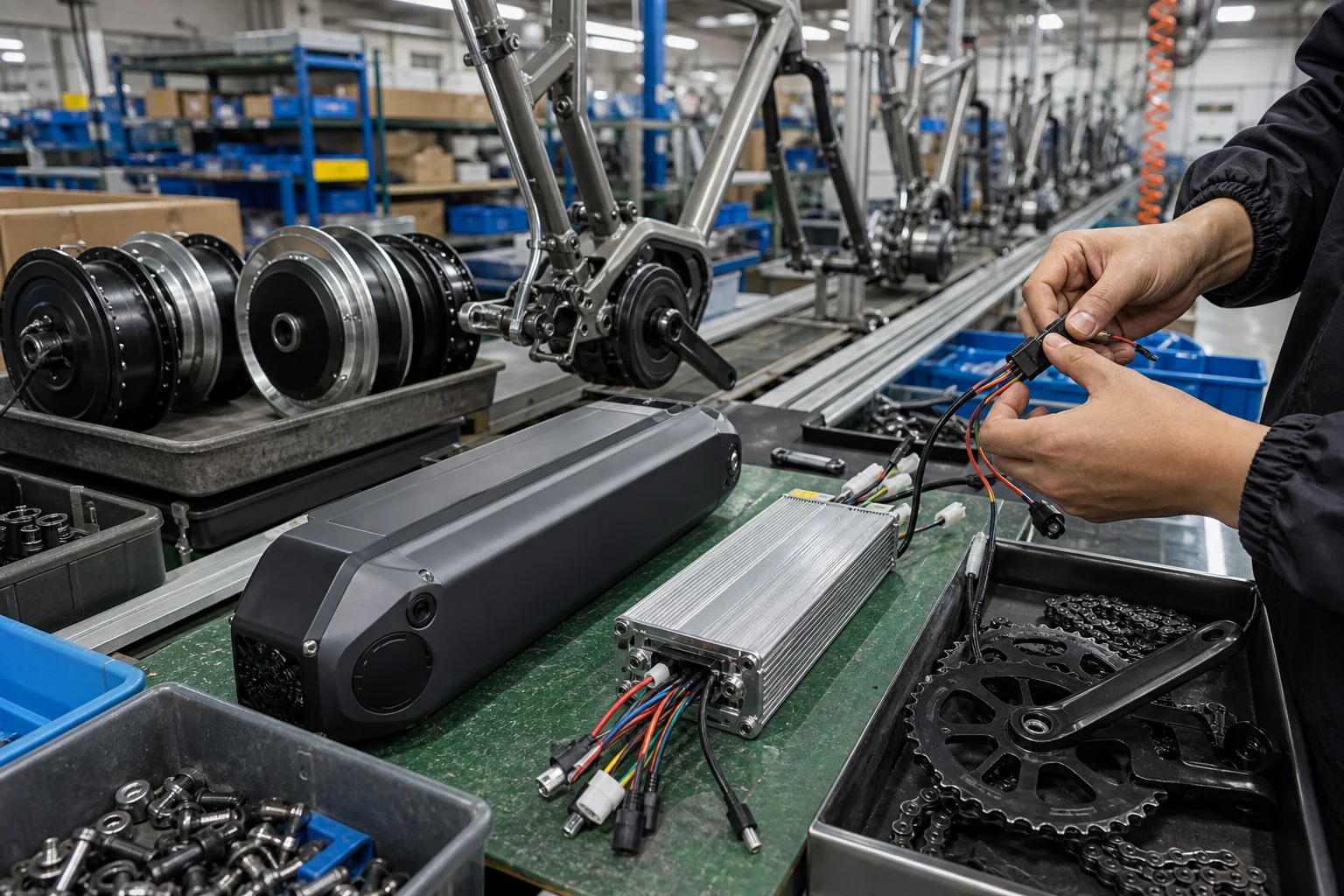 E-bike hub motors frames and controller components on an assembly line