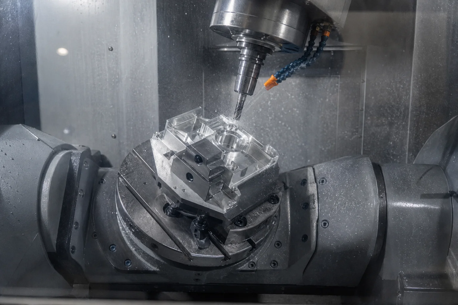 Complex aluminum component secured on a five-axis CNC trunnion table