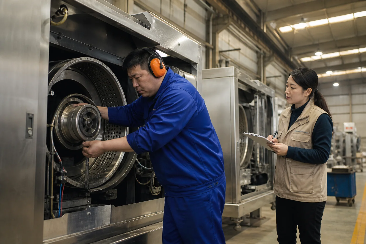 Commercial laundry equipment specialists inspecting an industrial washer assembly