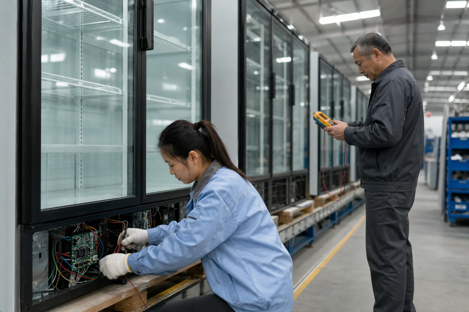 Commercial refrigeration technicians testing glass-door display equipment in a Chinese factory