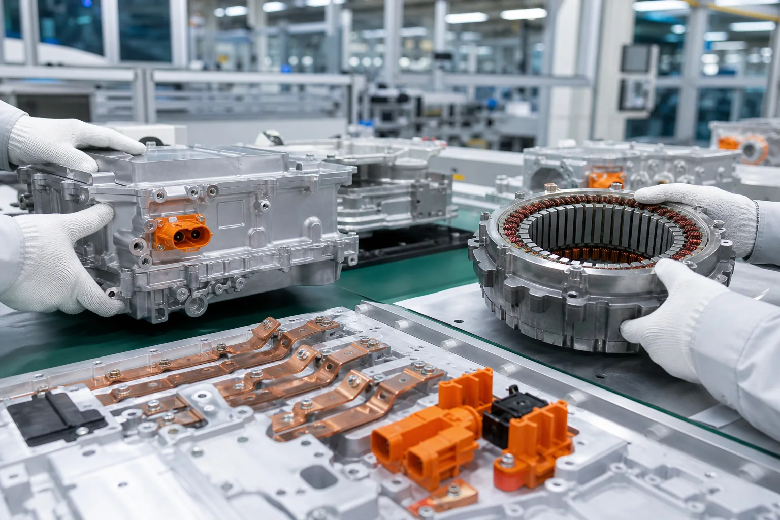 Electric vehicle inverter and motor components at inspection