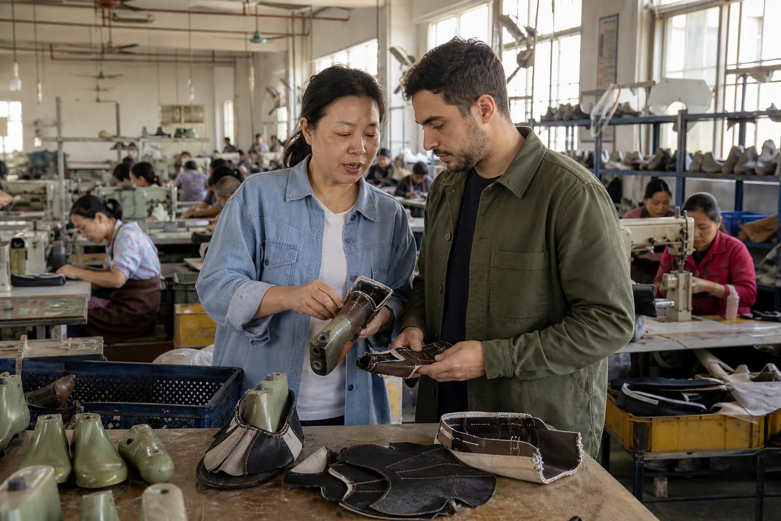Footwear production manager and overseas buyer reviewing shoe materials in a Chinese factory