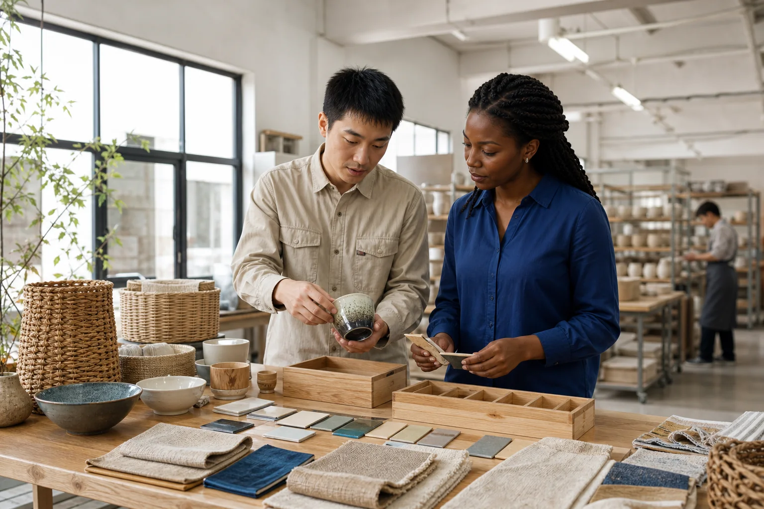 Homeware product developer and overseas buyer comparing ceramic and material samples