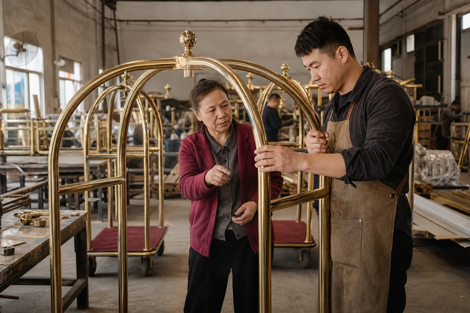 Hotel equipment workshop team reviewing brass luggage cart manufacturing