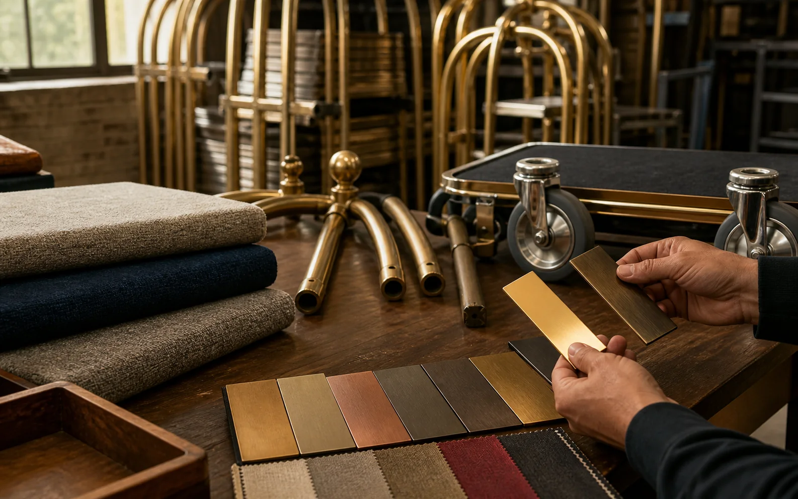 Hotel equipment finishes and luggage cart components