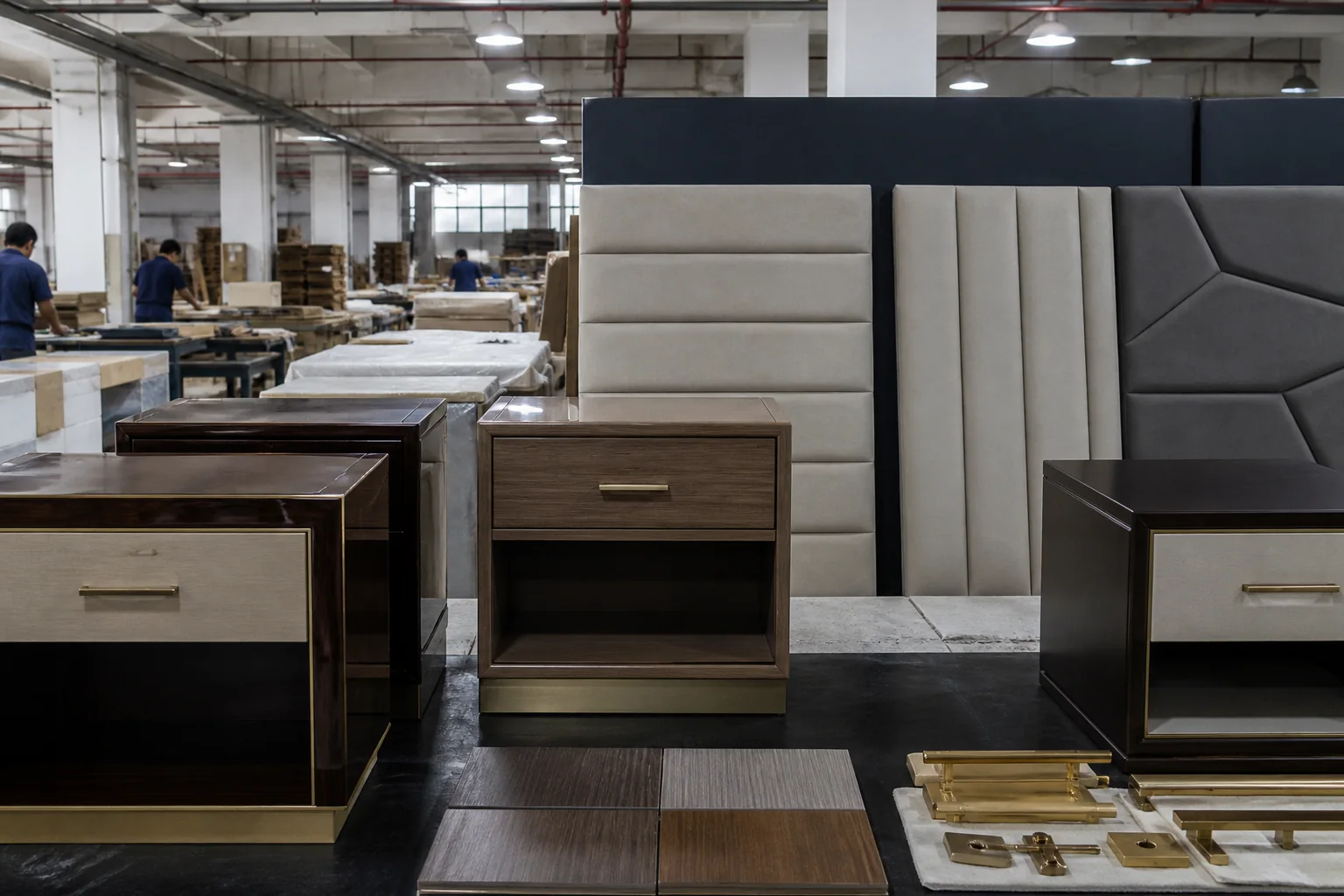 Hotel headboards cabinets and finish samples at quality control