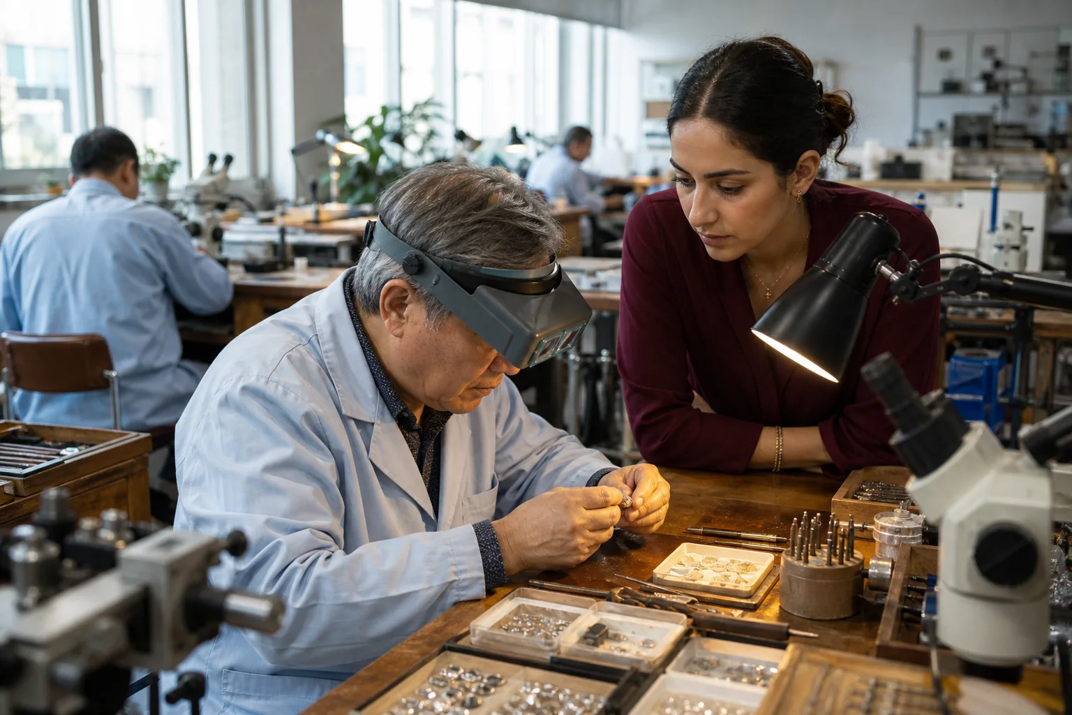 Jewelry master setter and product designer reviewing precision stone setting