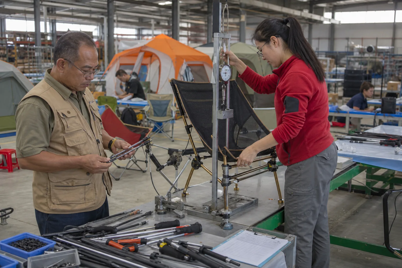 Outdoor equipment quality engineer and buyer inspecting camping product components