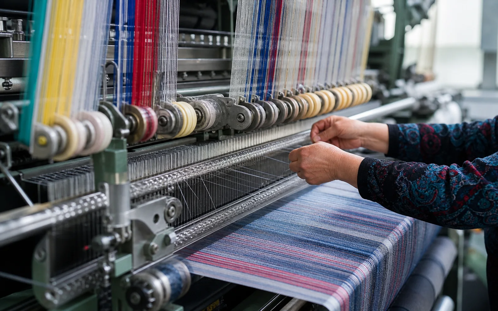 Industrial textile weaving machinery in production